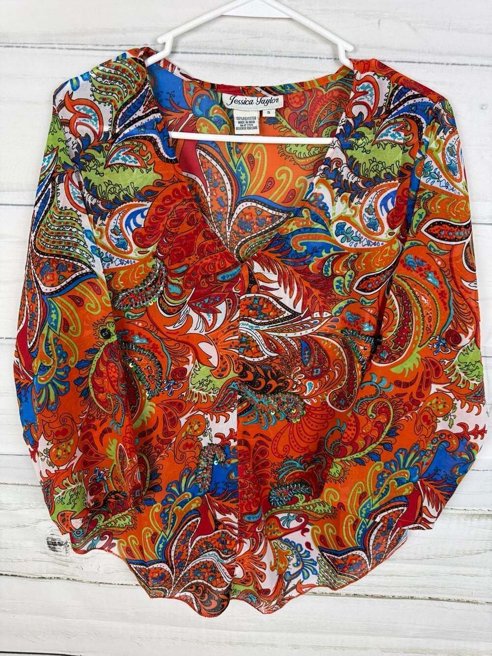 Jessica Taylor Paisley Sequin Embellished V-Neck Blouse Size S